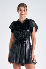 Faux Leather Flutter Sleeve Dress