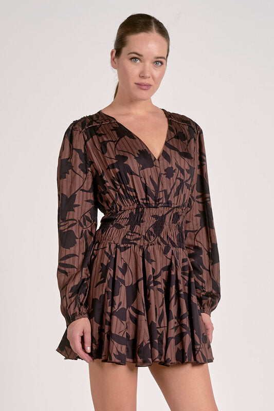 long sleeve elastic waist dress Long Sleeve V Neck Dress Brown Foliage / Large / MSP50150