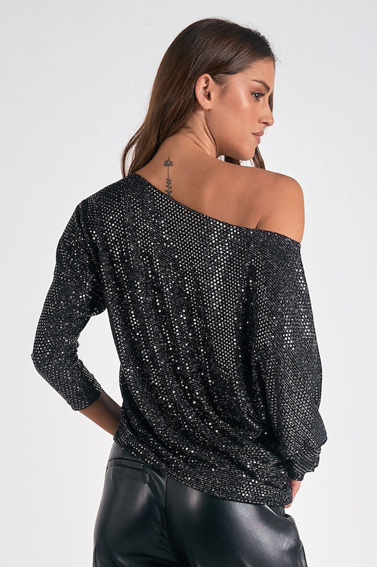 Long Sleeve Slouchy Shoulder Sequin Top