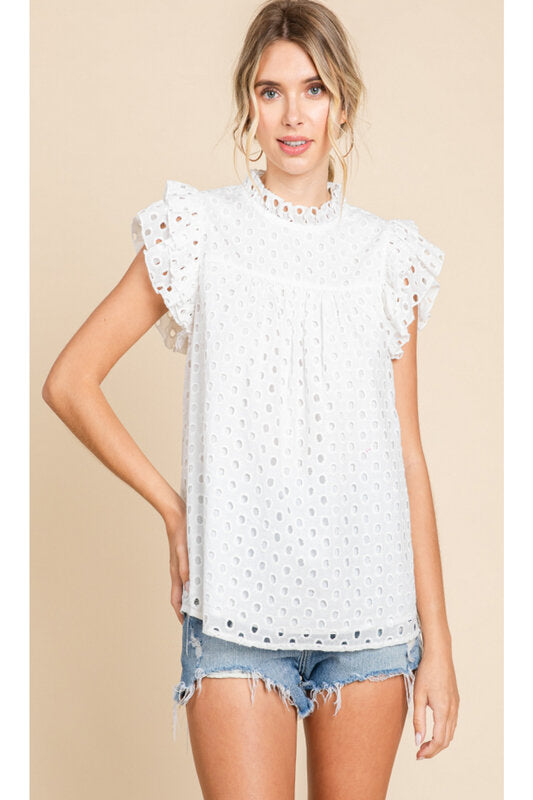 Eyelet Top With Frilled Neck