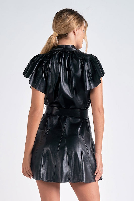 Faux Leather Flutter Sleeve Dress