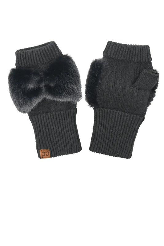 Faux Fur Bow Fingerless C.C Gloves