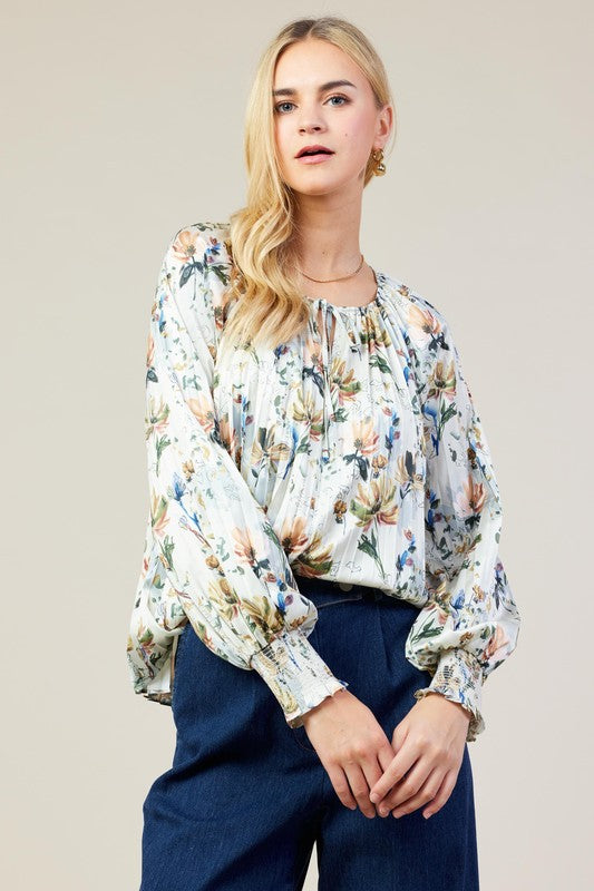 Floral Print Pleated Blouse With Smocked Cuff