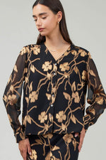 Fall Floral Printed V-Neck Button Down Blouse