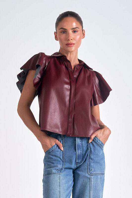 Faux Leather Flutter Sleeve Button Down