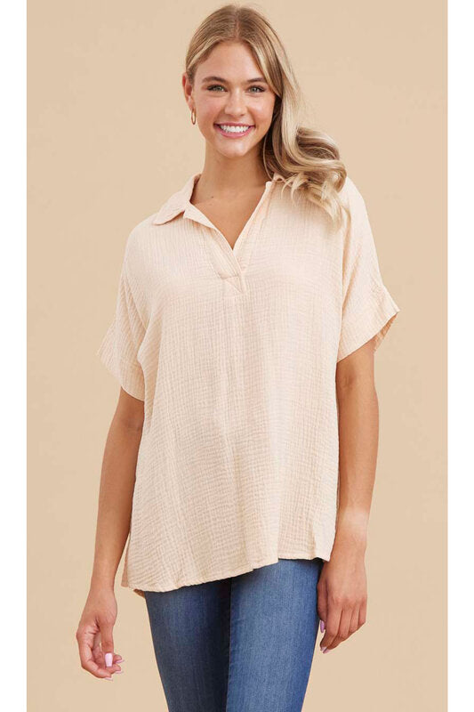 Gauze Top With Open Collared Neck