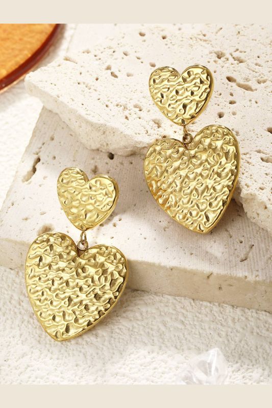 Hammered Double Heart Gold Earrings