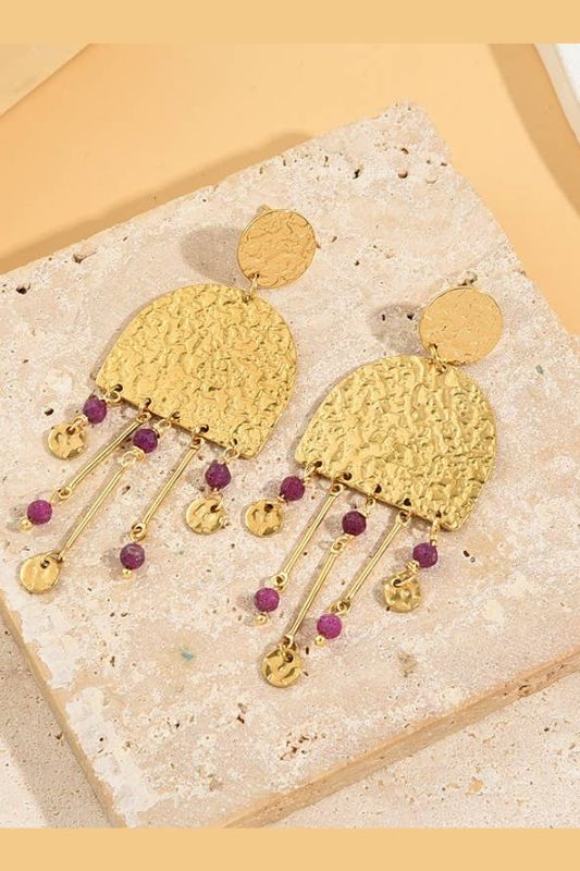 Hammered Multi Plate Gold Earrings with Small Fuchsia Crystals