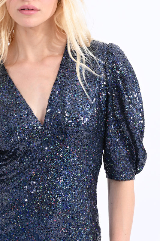 Sequin V Neck Dress with Sleeves