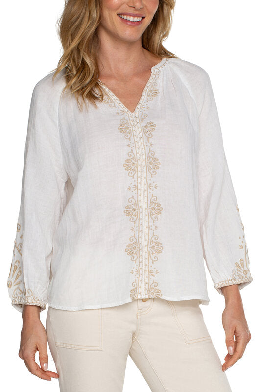 Long Sleeve Embroidered Double Gauze Woven Top
