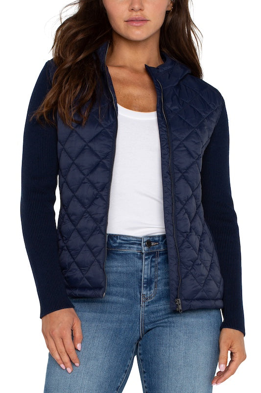 Long Sleeve Quilted Front Hooded Sweater Jacket