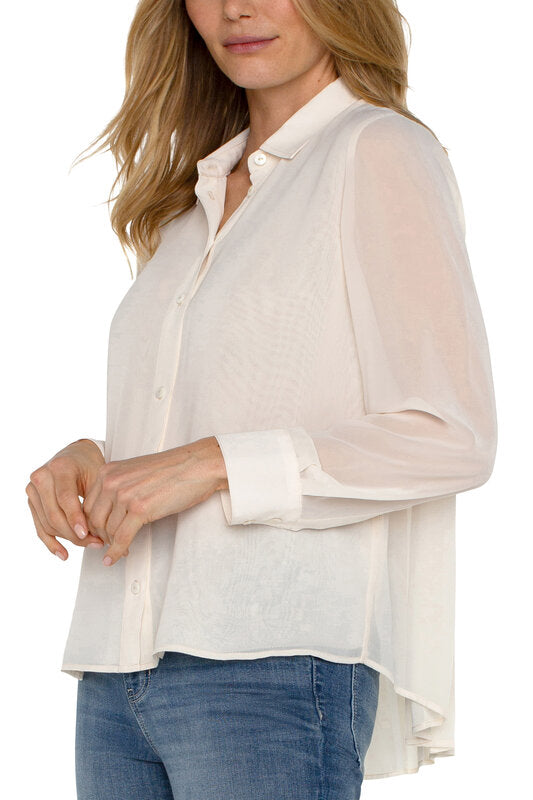 Long Sleeve Woven Shirt with Pleat Back Detail