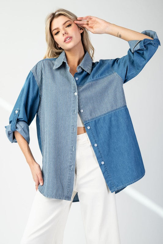 Mineral Washed Pinstripe Color Block Shirt Denim