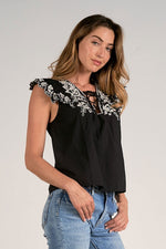 Short Sleeve Lace Up Top with Embroidery
