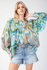 Print Bubble Sleeve Blouse