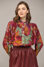 Print Chiffon Standing Collar Button Down Blouse