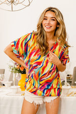 Print V Neck Blouse with Rolled Sleeves