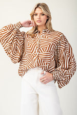 Printed Bubble Sleeve Button Down Top