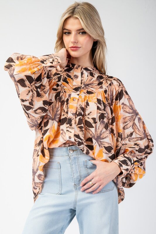 Printed Bubble Sleeve Blouse Top