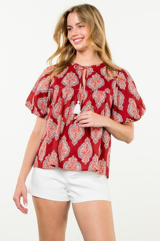 Puff Sleeve Tassel Tie Top