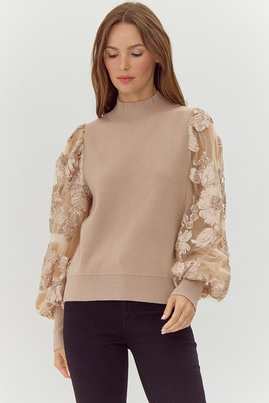 Ribbed Floral Mesh Puff Sleeves Top