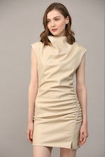 Ruched Detail Cowl Neck Faux Leather Dress