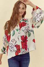 Satin Flower Print 3/4 Sleeves Top