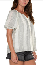 Short Sleeve Button Front Shirred Woven Top