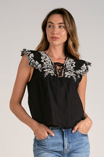 Short Sleeve Lace Up Top with Embroidery
