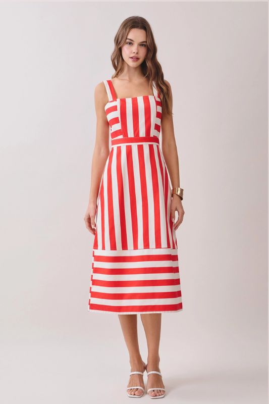 striped fitted midi dress White Striped Fitted Midi Tank Dress
