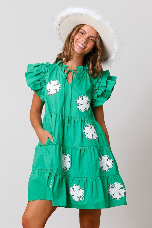 St. Patricks Sequin Clovers Tiered Dress