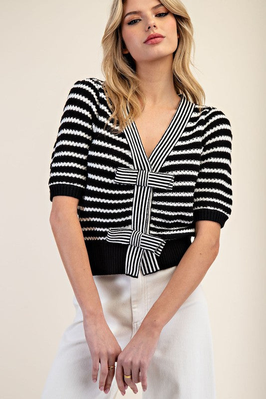 Striped V-Neck Short Sleeve Knit Cardigan