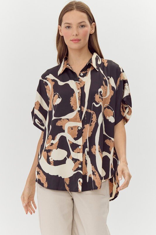 Swirl Print Collared Button-Up Top