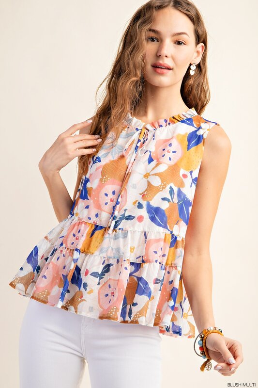 Tiered Sleeveless Floral Lined Top Ruffle Neck