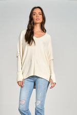 Top V-Neck Batwing Thumb Sweater