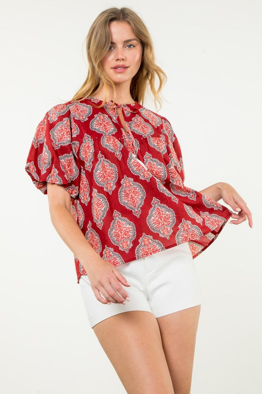 Puff Sleeve Tassel Tie Top