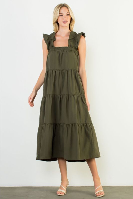 Flutter Sleeve Tiered Maxi Dress Verde / Small / JH2288-3