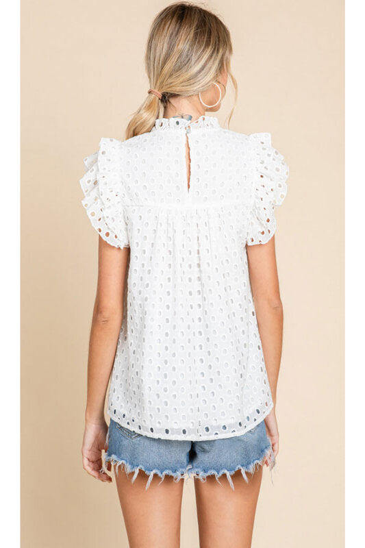 Eyelet Top With Frilled Neck