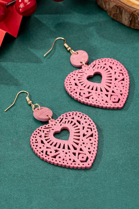 Openwork Heart Shape Wood Drop Earrings