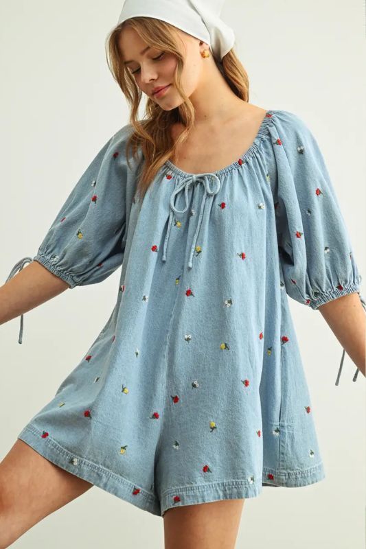 denim romper dress Embroidered Denim / Medium / R5823 Size (cm):70 Daisy Flower Pattern (white/black)