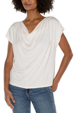 Short Sleeve Draped Cowl Neck Knit Top