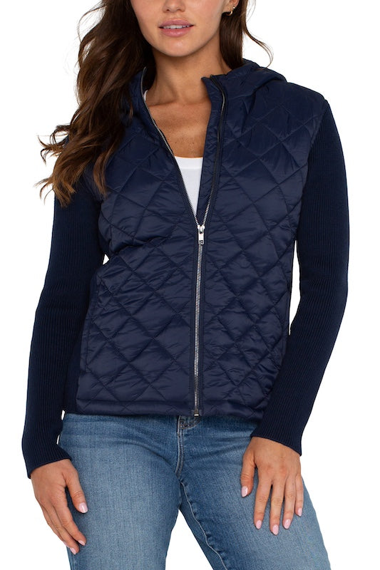 Long Sleeve Quilted Front Hooded Sweater Jacket