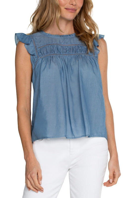 Flutter Sleeve Woven Top with Trim Detail