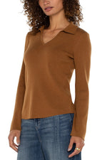 Long Sleeve V Neck Collared Sweater