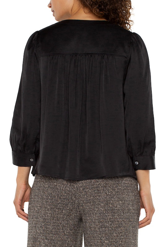 Long Sleeve Pleated Neck Woven Blouse