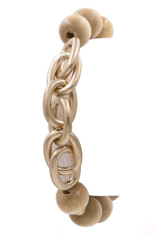 Wood Bead Metal Chain Bracelet