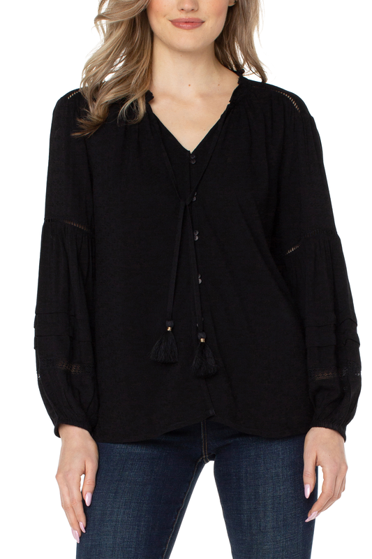 Long Sleeve Popover Shirred Blouse